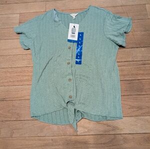 Nwt Women's Weatherproof Vintage Green Short Sleeve Tie Front Blouse Size Large